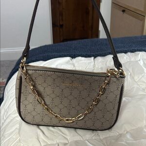Nanette Lepore Taupe Monogram Shoulder Bag with Gold Chain Accent